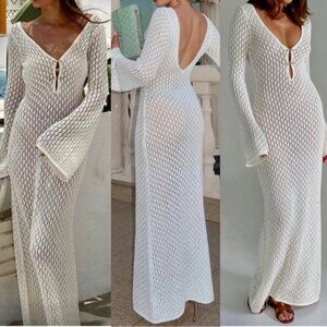 Crochet knit Fishtail Flare Sleeve Maxi Dress swimsuit cover up dress